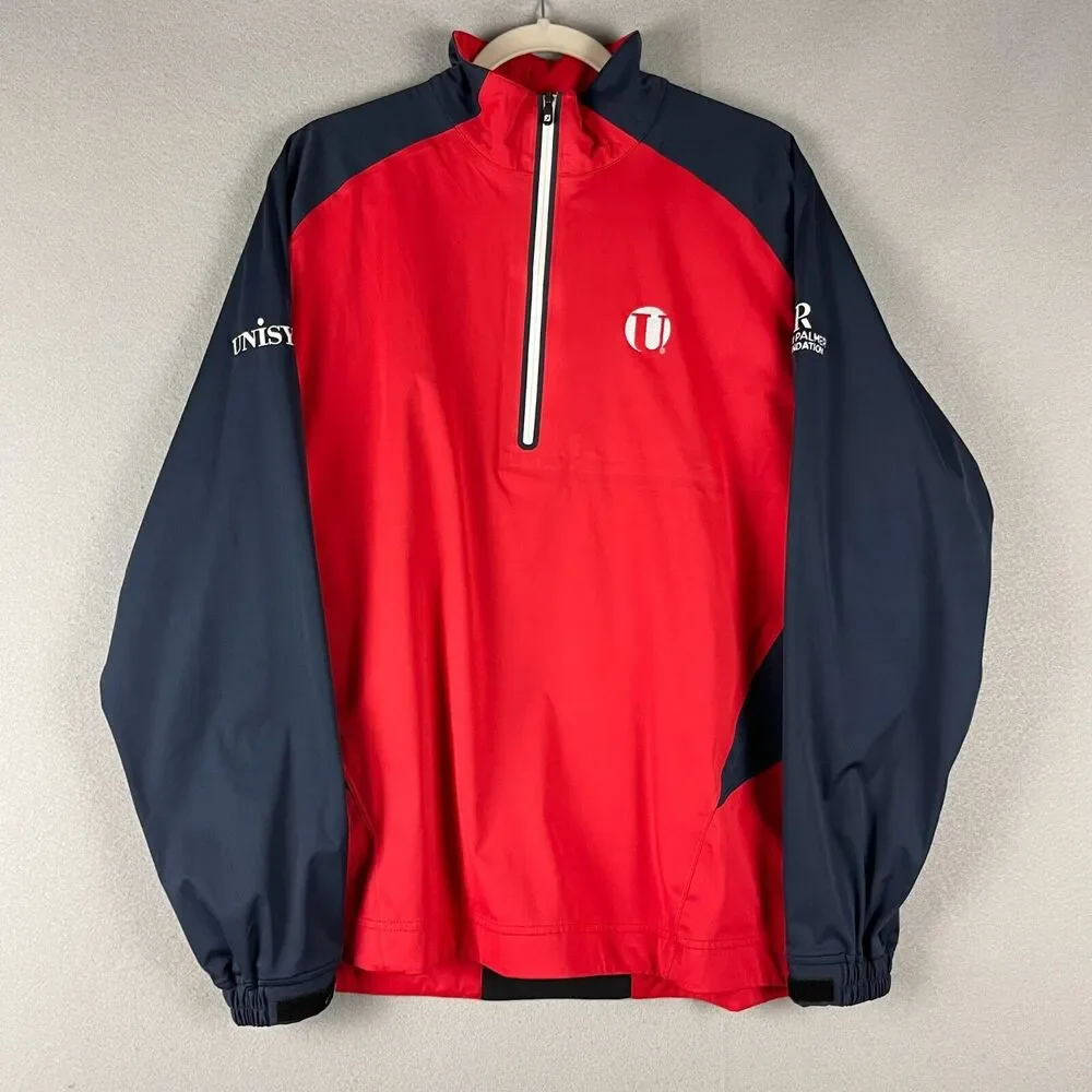FootJoy FJ Hydroknit Mens Jacket Large Red Blue Long Sleeve 1/4 Zip Golf Logo‎